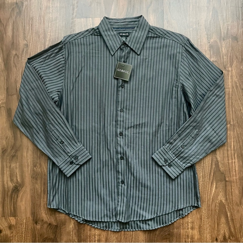George Classic Fit Gray & Black Striped Long Sleeve Dress Button Up Men’s L